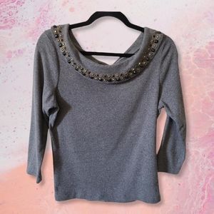 Rafaella Winter Grey Embellished Boat Neck Long Sleeve Sweater
